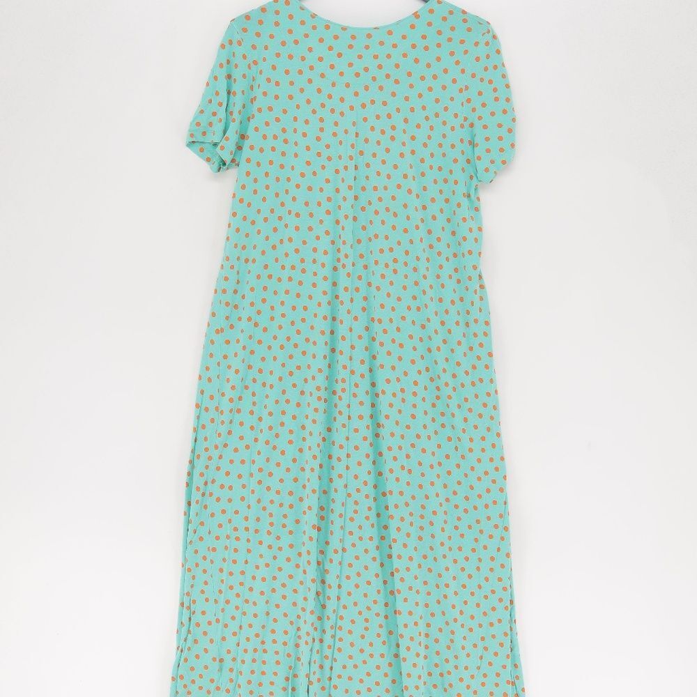 Gudrun Sjoden Women's Green/Orange Polka Dot Center Front Pleat Midi Dress Sz S